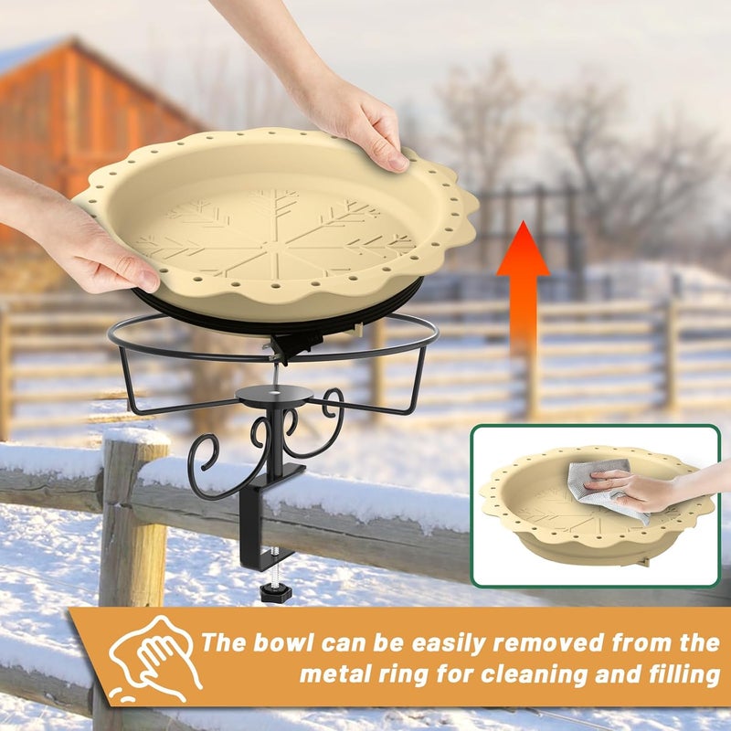 We-buys Heated Bird Baths for Outdoors, 100W Heated Bird Bath for Deck Railing, Heated Birdbath with Thermostat Control, Heated Bird Bath for Outside Winter Garden Patio Yard (Yellow) - Image 4